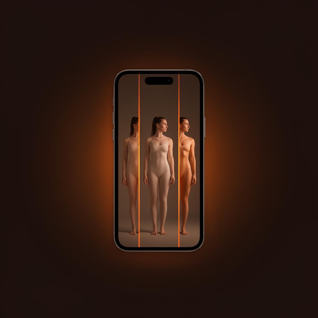A phone showing three aligned progress photos of a transformation, side by side